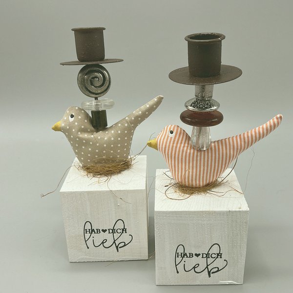 Vogel auf Klotz mit Kerzenständer "Hab dich lieb", diverse Farben, Preis für 1 Stück